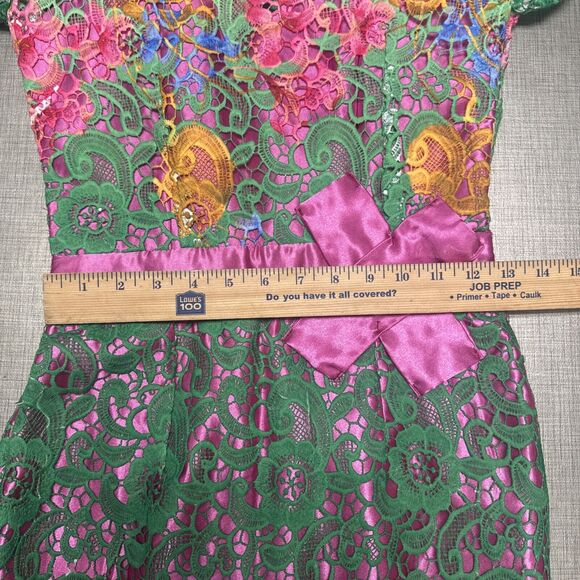 Handmade macramé floral bright green satin lace midi dress S whimsical fairy - Picture 11 of 13